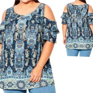 Nwt Avenue Stevie Cold Shoulder Frill Top Paisley size 26 28